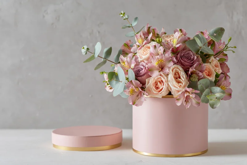 Mixed flower arrangement with roses alstroemeria and eucalyptus in a pink cylindrical box on a white surface