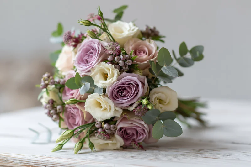 Floral bouquet with roses and eucalyptus resting on white wooden surface