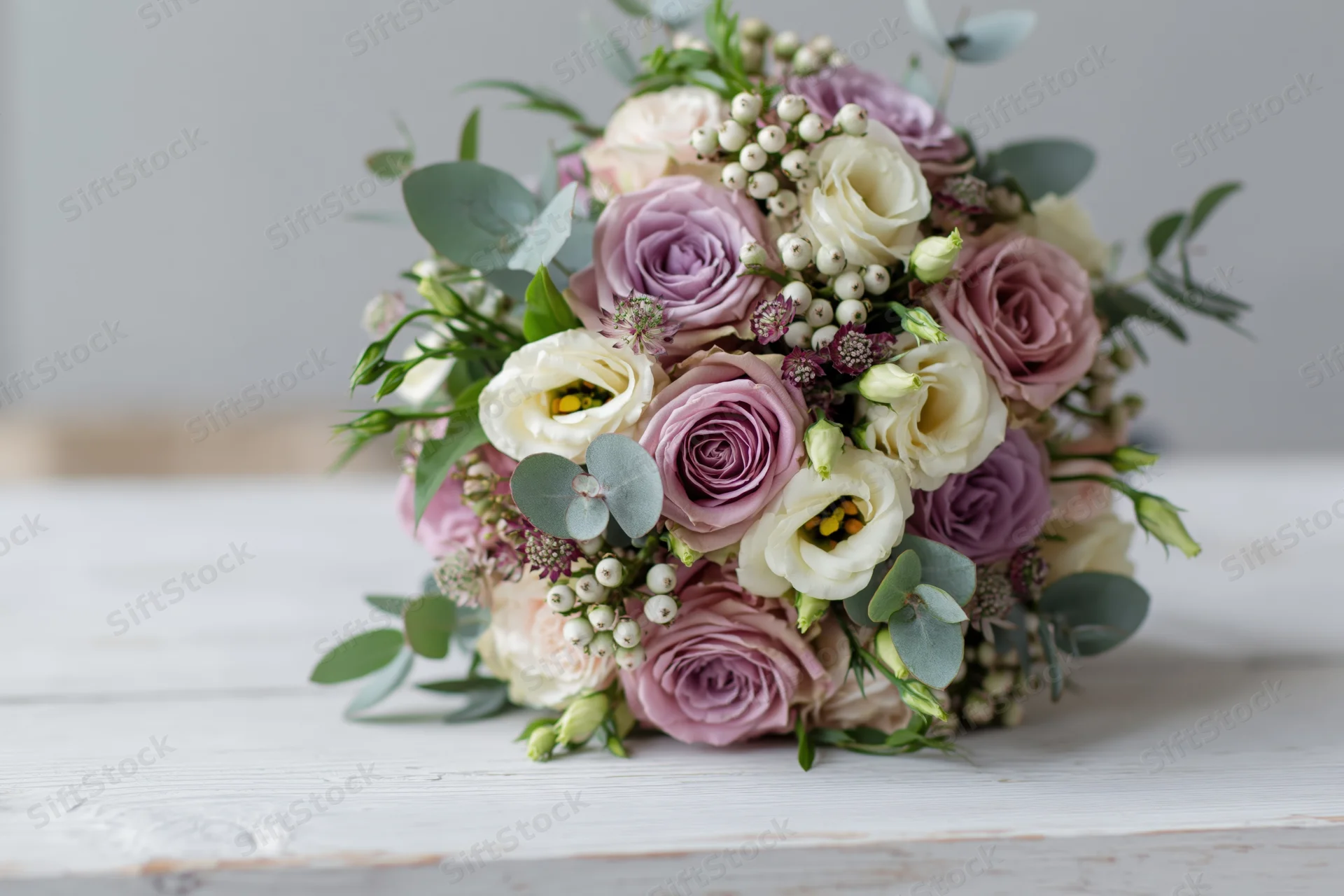 Floral bouquet with lavender roses and greenery resting on white painted wooden surface