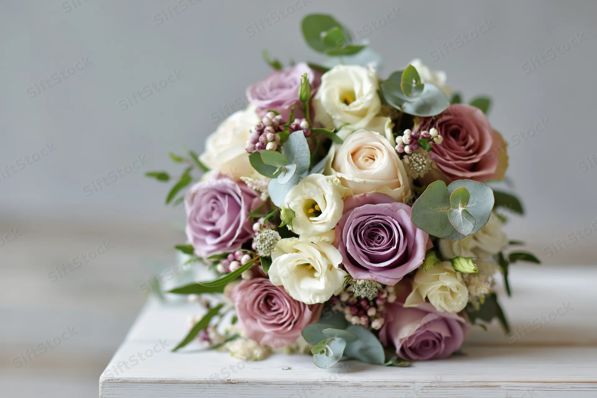 Floral bouquet with roses and eucalyptus resting on white-painted wooden surface