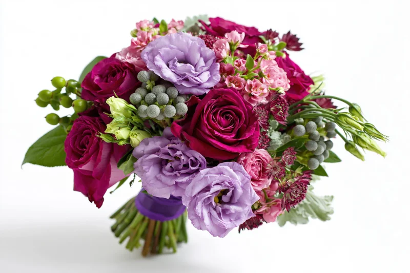Mixed bouquet of deep magenta roses and lilac lisianthus with greenery on white background
