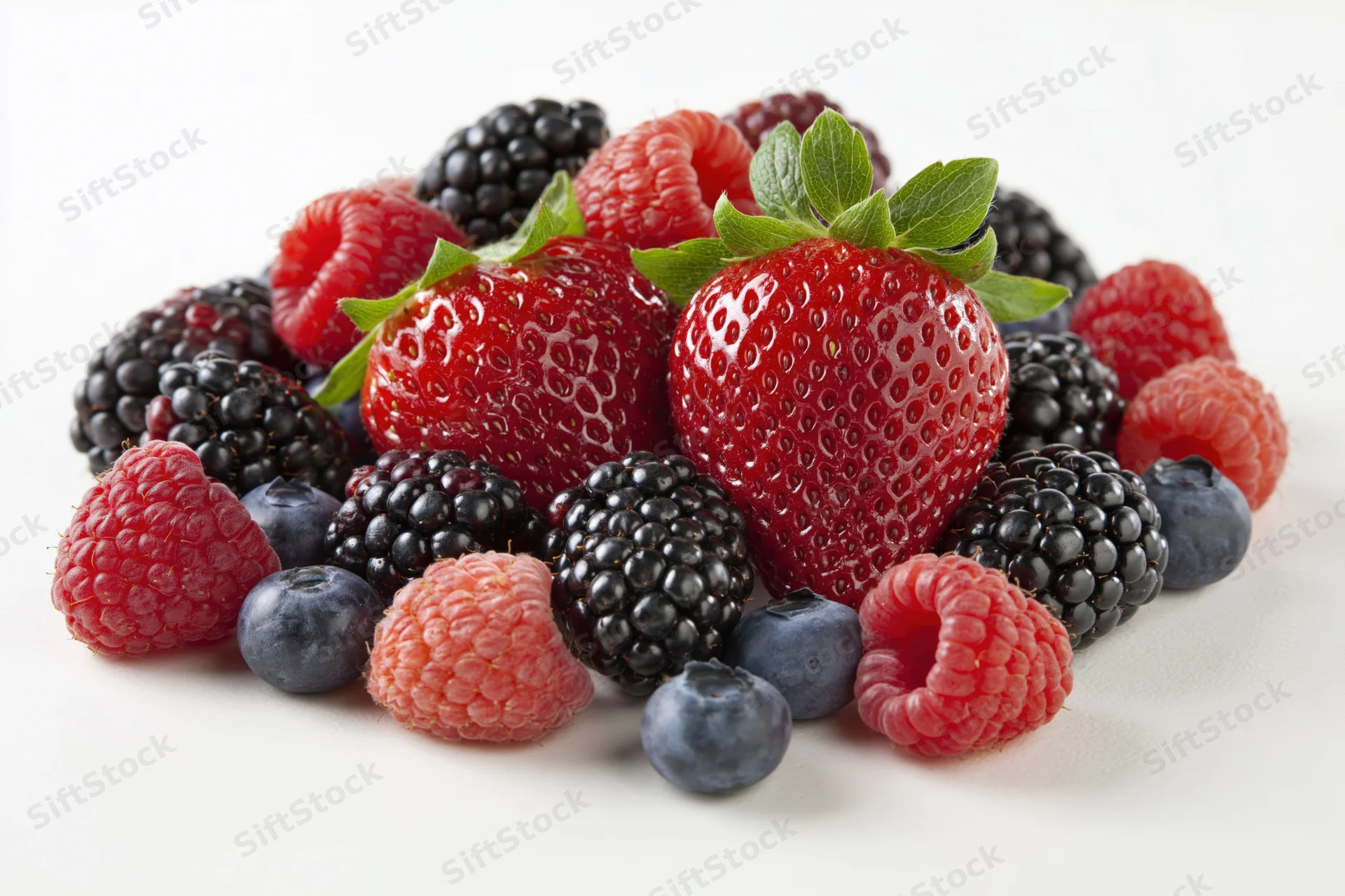Mixed fresh berries piled together on a white background