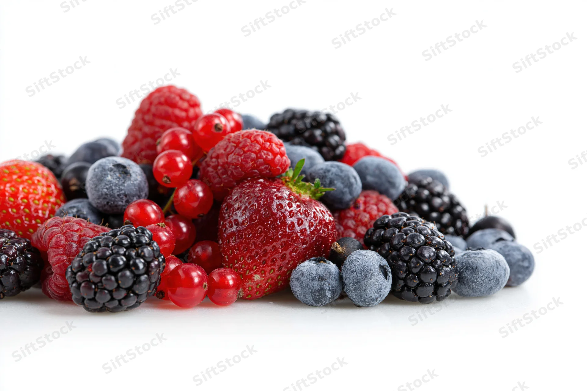 A pile of mixed fresh berries including strawberries, blueberries, blackberries, raspberries and redcurrants on a white surface
