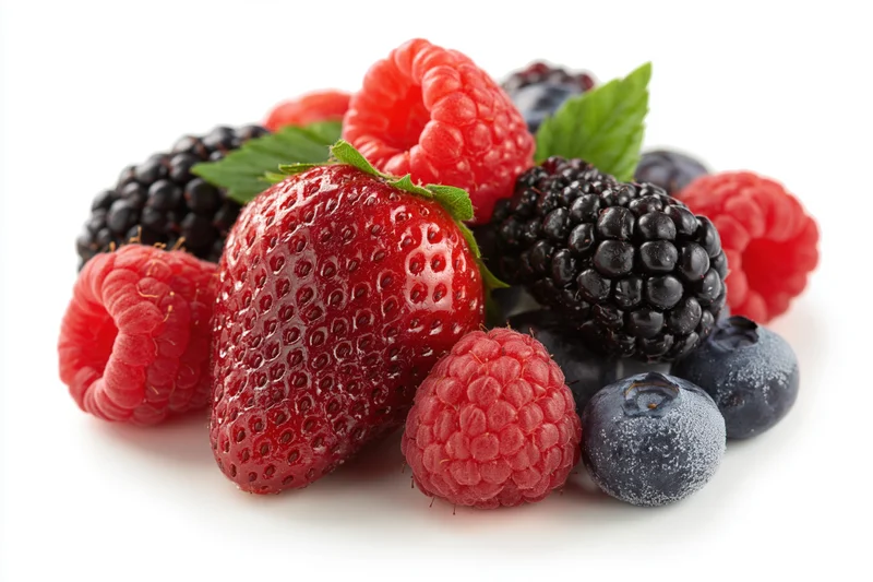 Mixed fresh berries arranged in a loose pile on white background