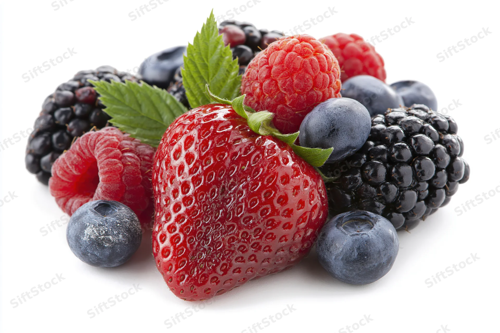 A pile of fresh strawberries, raspberries, blueberries and blackberries on a white background