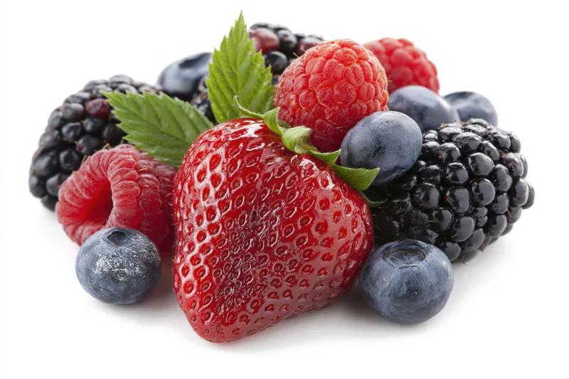 A pile of fresh strawberries, raspberries, blueberries and blackberries on a white background