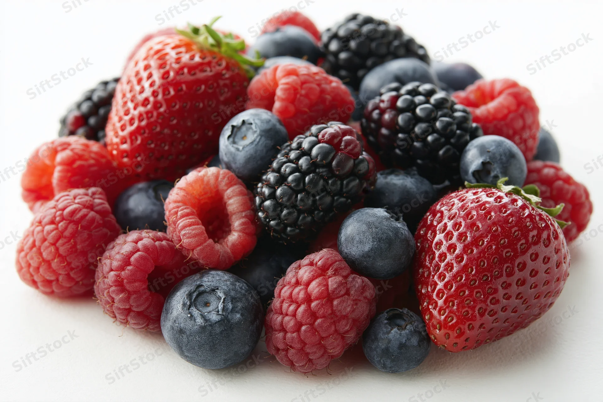 Mixed fresh berries piled together on white background
