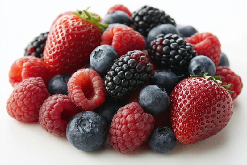 Mixed fresh berries piled together on white background