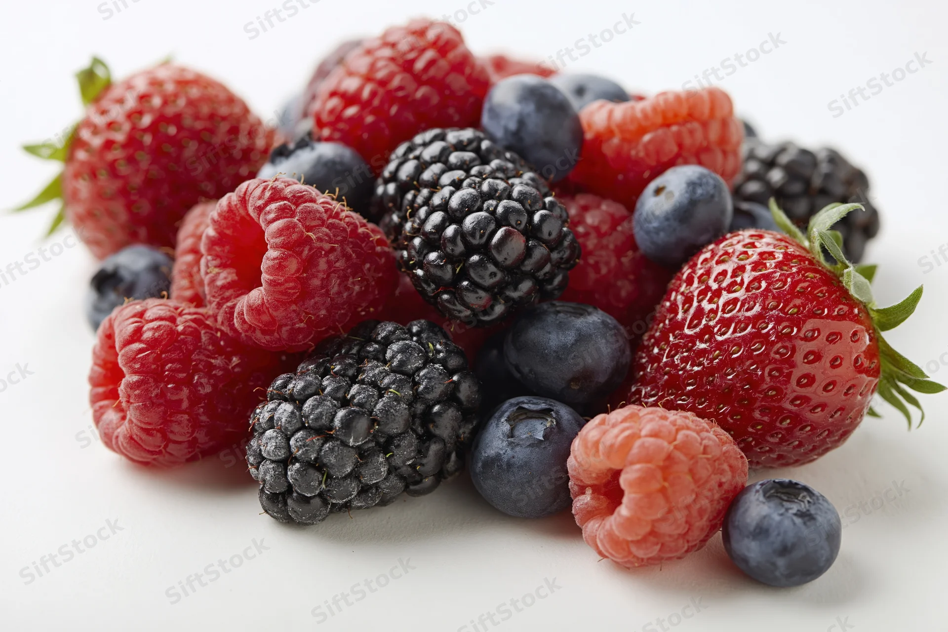 Mixed fresh berries piled together on white background
