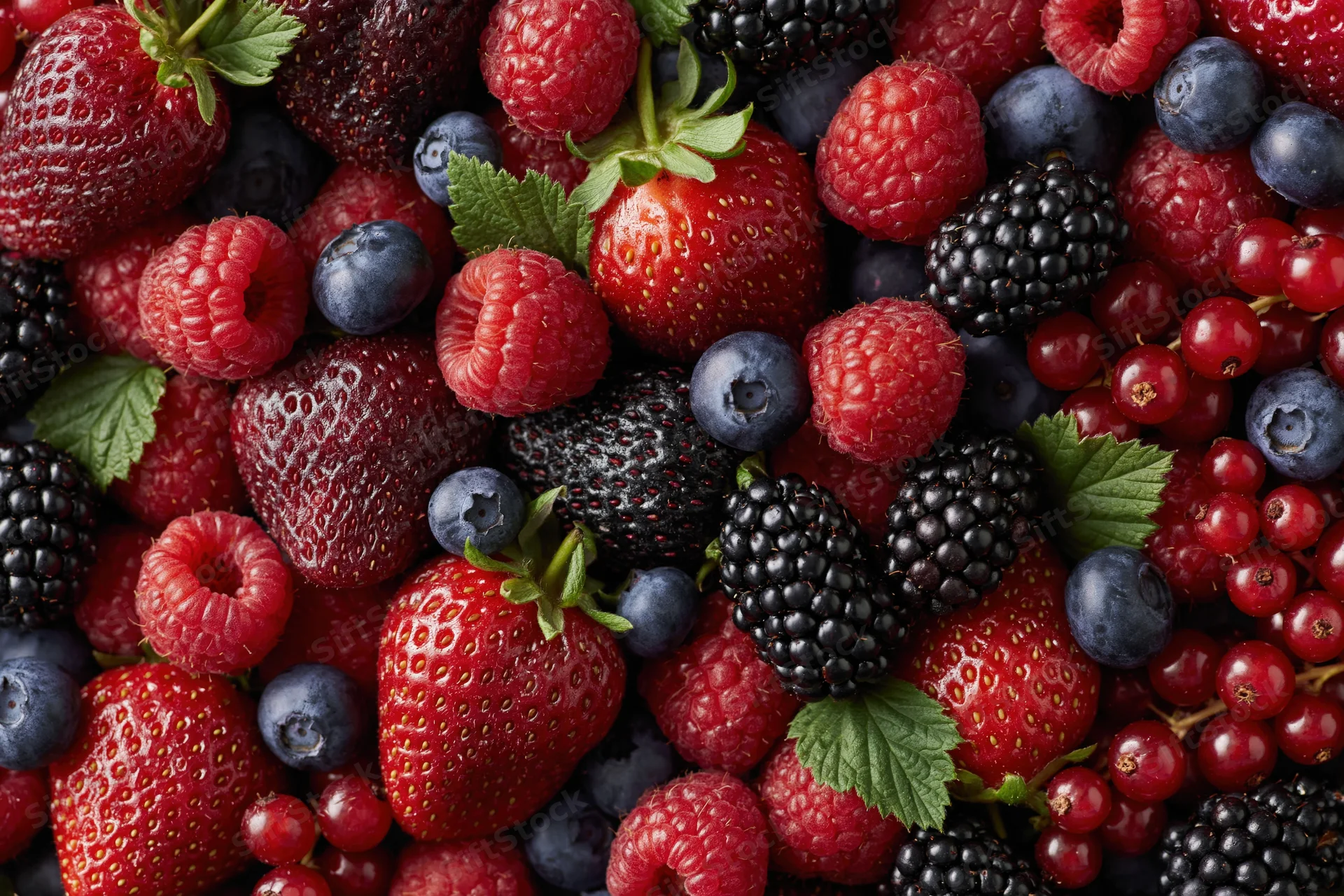 Mixed fresh berries piled together filling the frame
