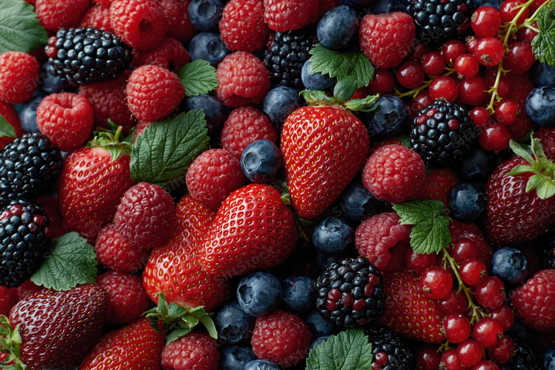 Mixed fresh berries piled together filling the frame