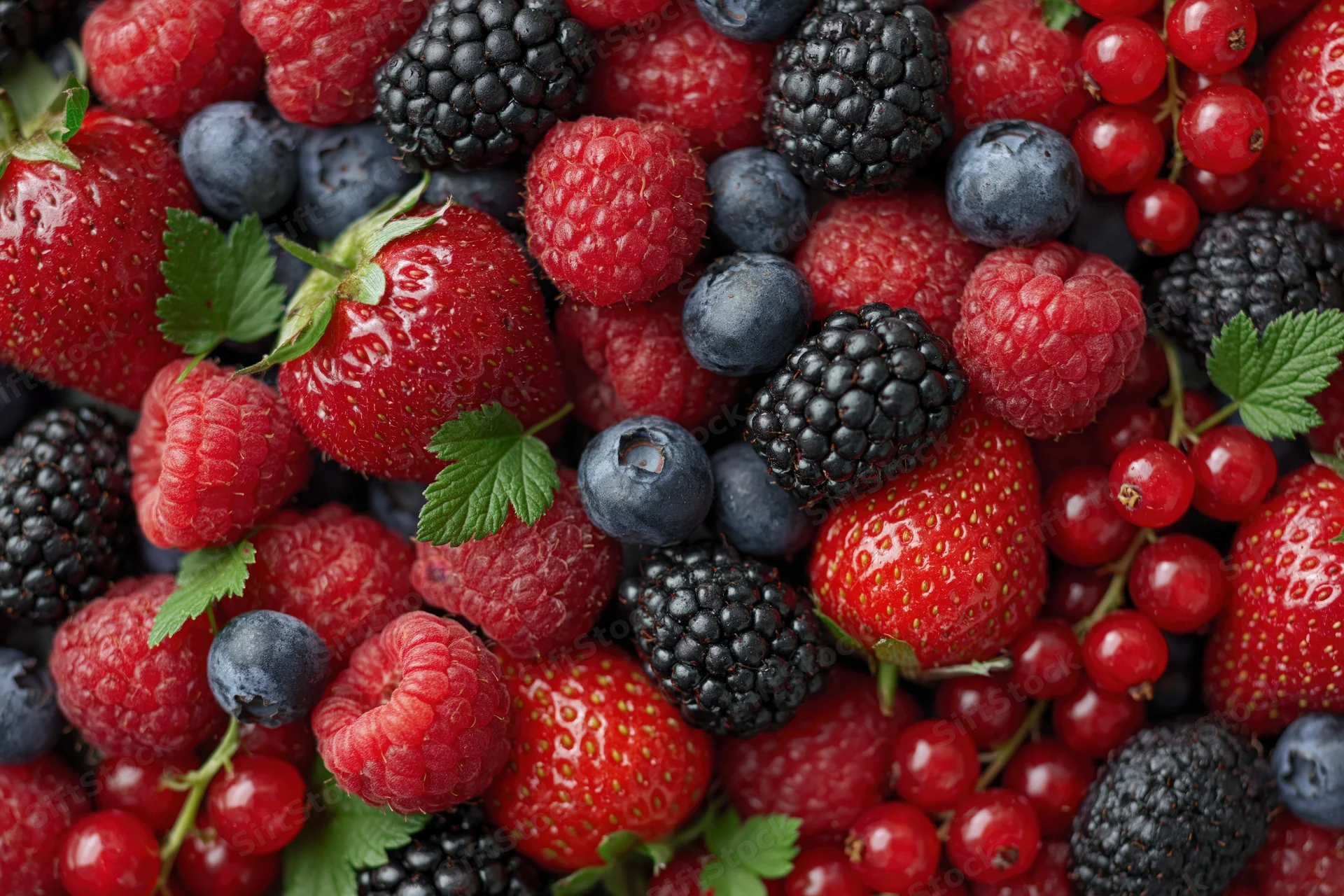 Mixed fresh berries piled together filling the frame
