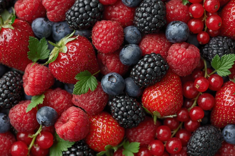 Mixed fresh berries piled together filling the frame