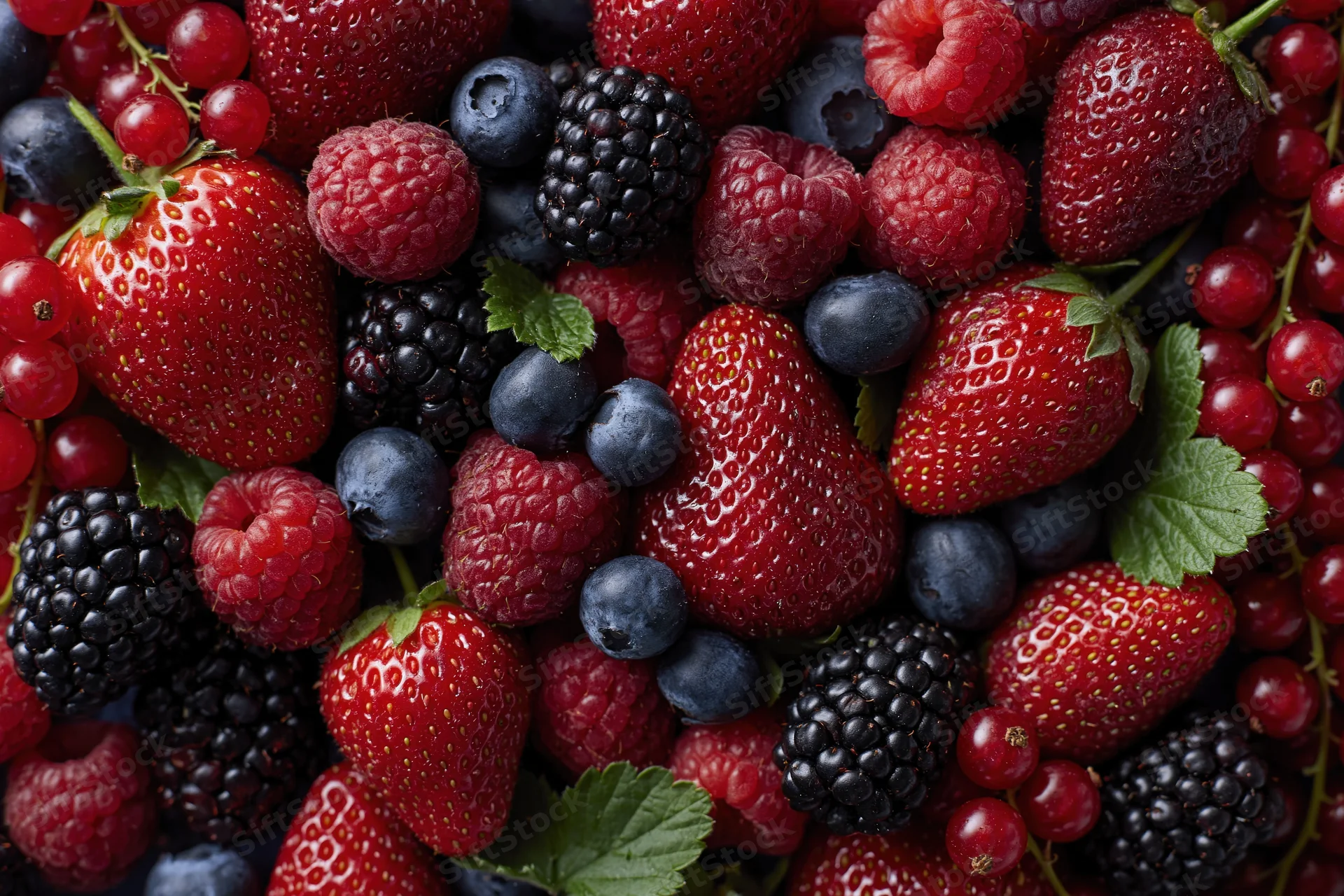 Mixed fresh berries piled together filling the frame