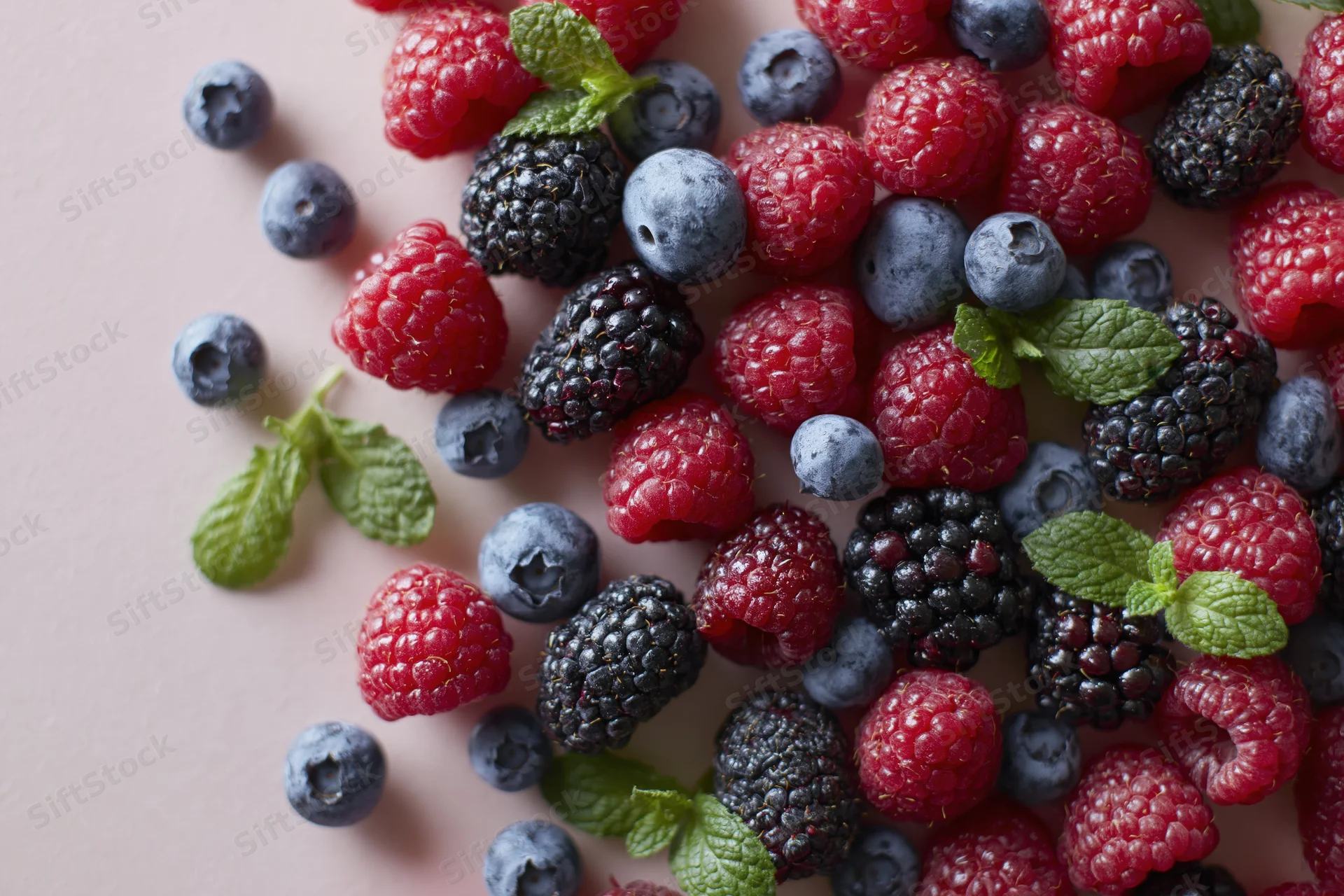 Mixed fresh berries with mint leaves arranged on a pink surface