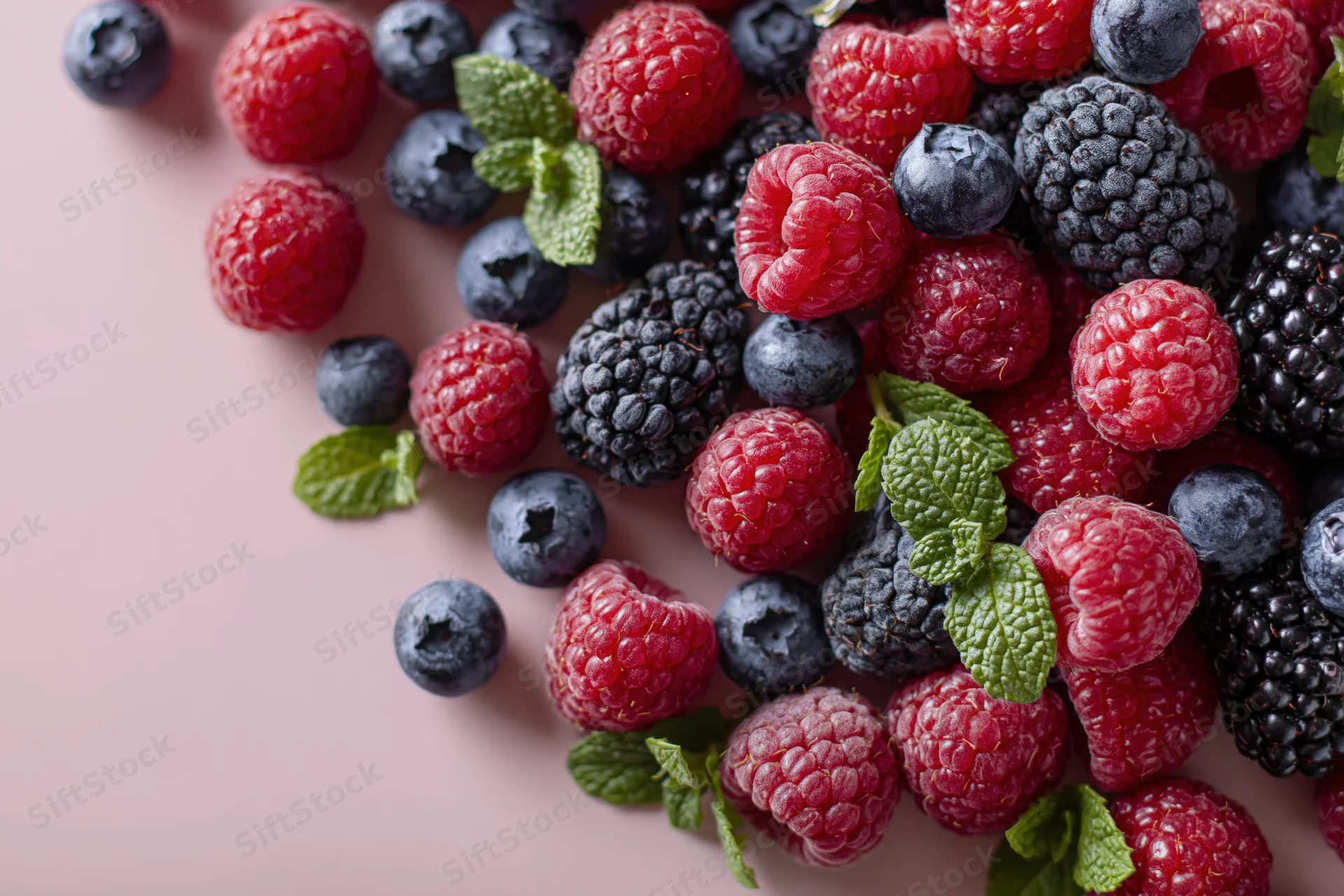 Fresh raspberries blueberries and blackberries with mint leaves arranged on pink surface