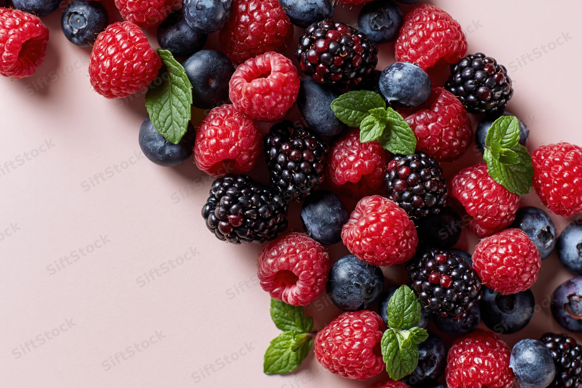 Mixed fresh berries with mint leaves arranged on a pink surface