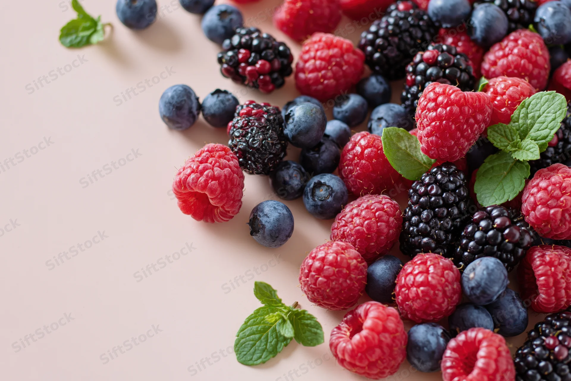 Mixed fresh berries with mint leaves arranged on a pale surface