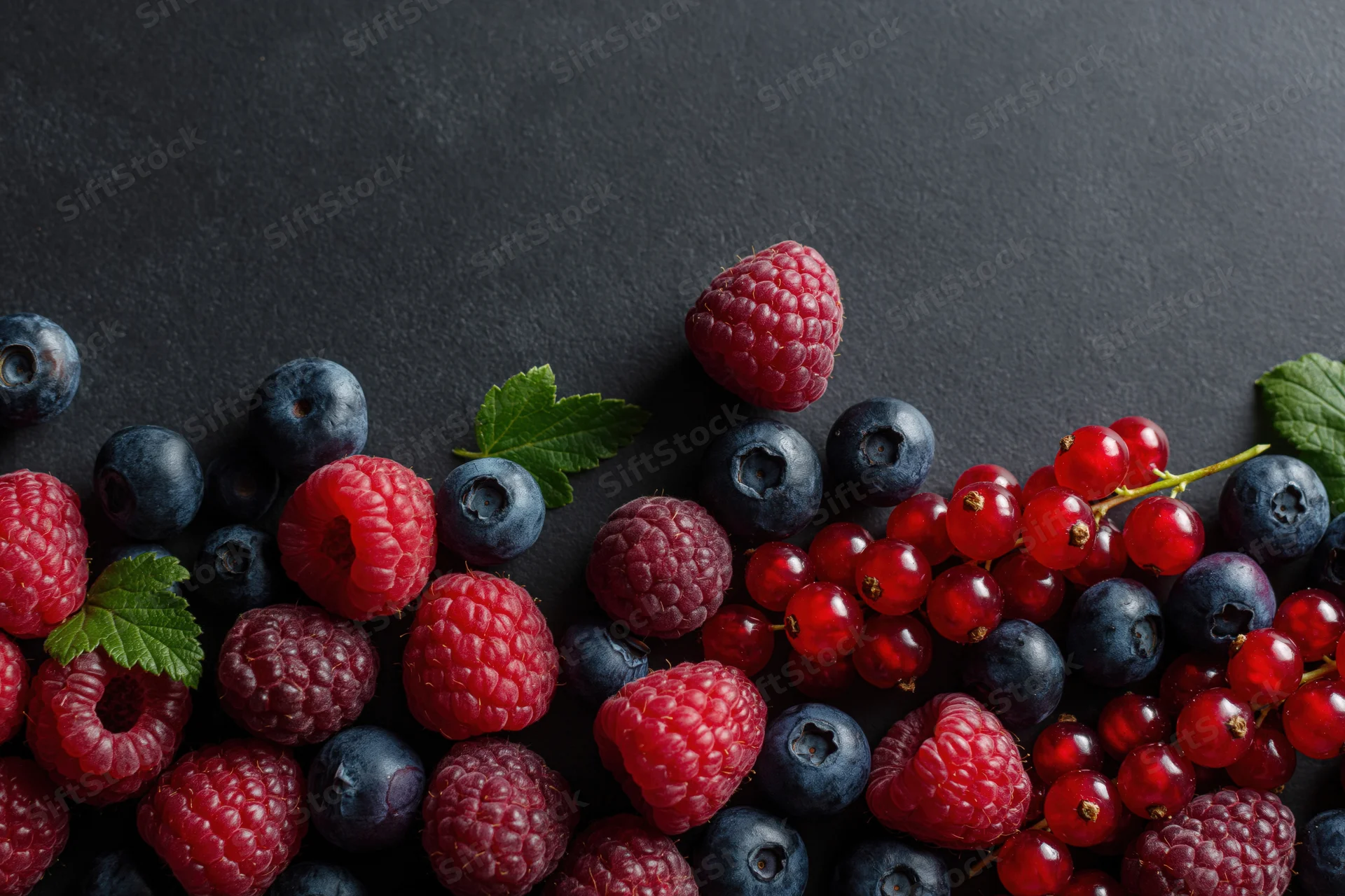 Mixed fresh berries scattered on dark charcoal surface with green leaves and copyspace above