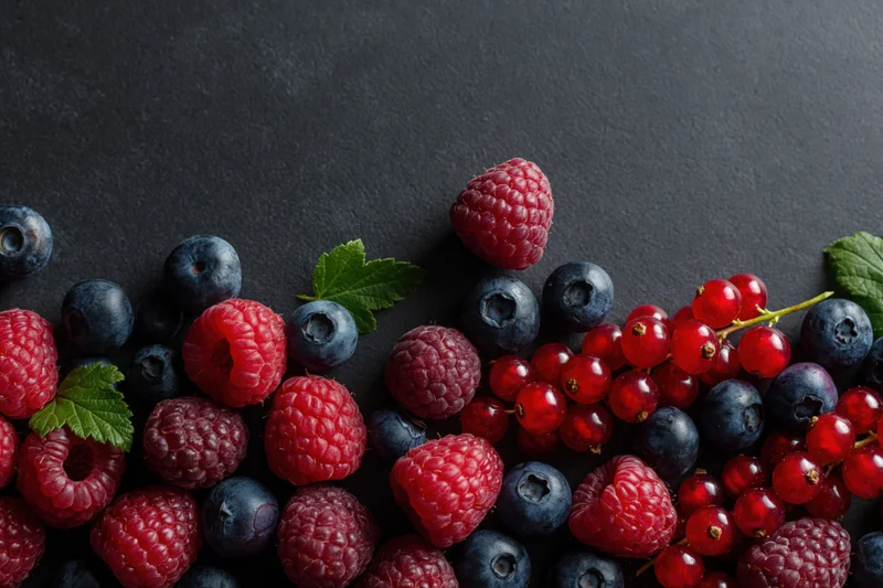 Mixed fresh berries scattered on dark charcoal surface with green leaves and copyspace above