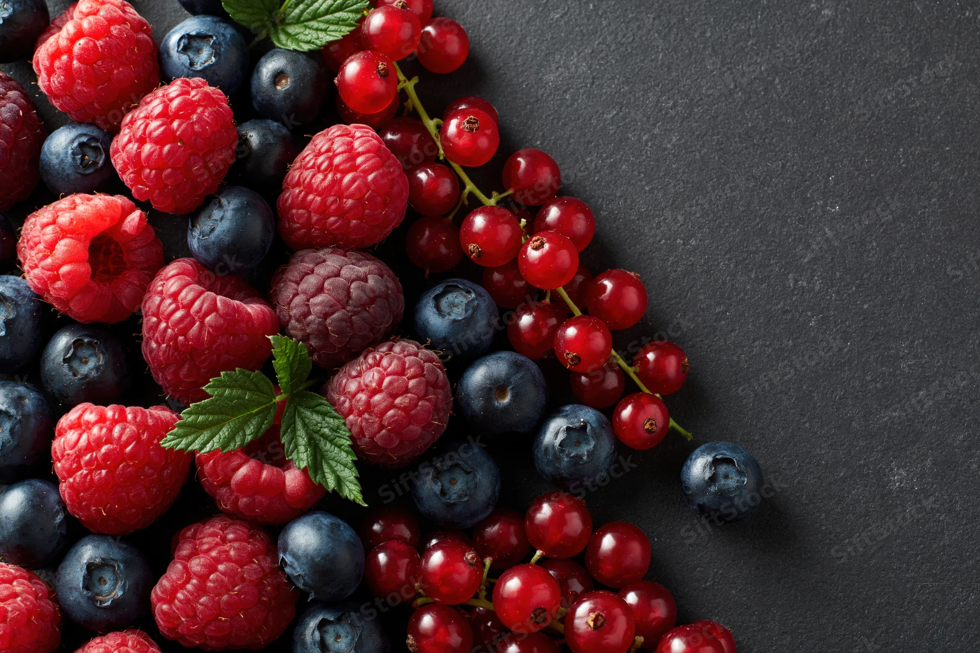 Mixed fresh berries scattered loosely on a dark charcoal surface