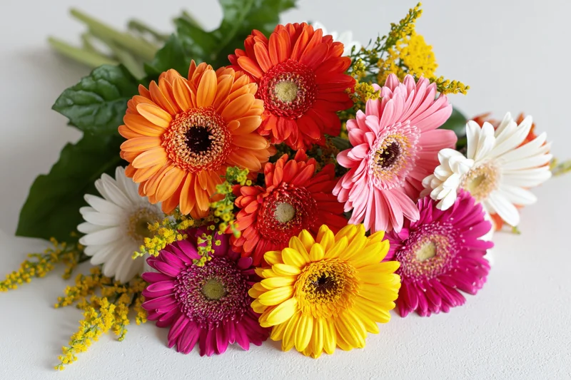 Mixed gerbera daisy bouquet arranged loosely on flat white surface