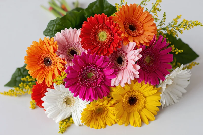 Mixed gerbera daisy bouquet arranged loosely on flat white surface