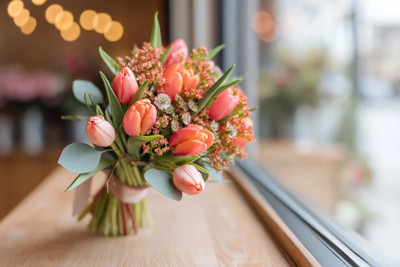 Spring bouquet of pink and orange tulips with eucalyptus on wooden table near window