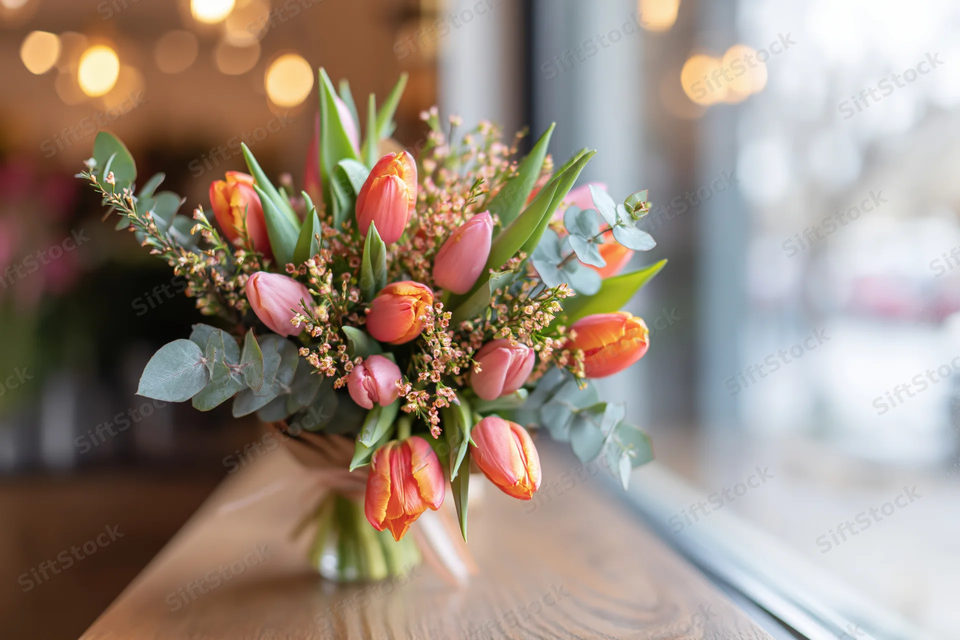 Spring bouquet of pink and orange tulips with eucalyptus greenery on wooden table near window