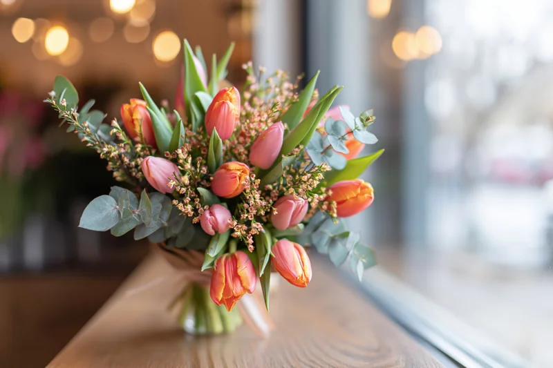 Spring bouquet of pink and orange tulips with eucalyptus greenery on wooden table near window