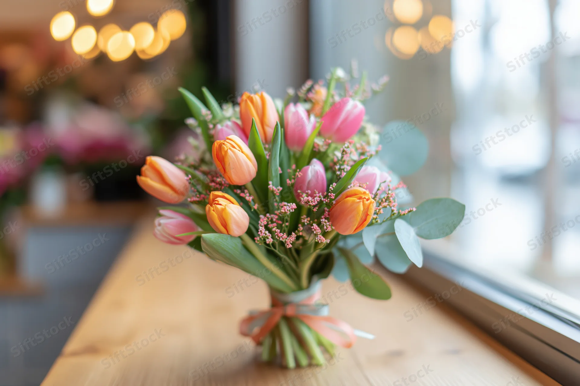 Spring bouquet of orange and pink tulips with eucalyptus and baby's-breath on wooden table near window