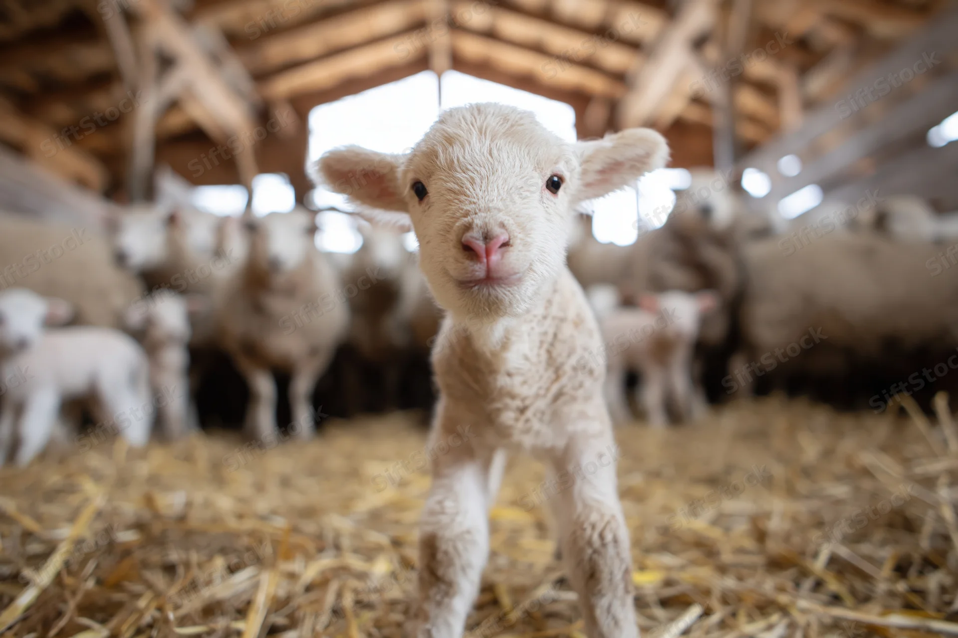 Newborn lamb standing on straw-covered floor in barn looking directly at camera