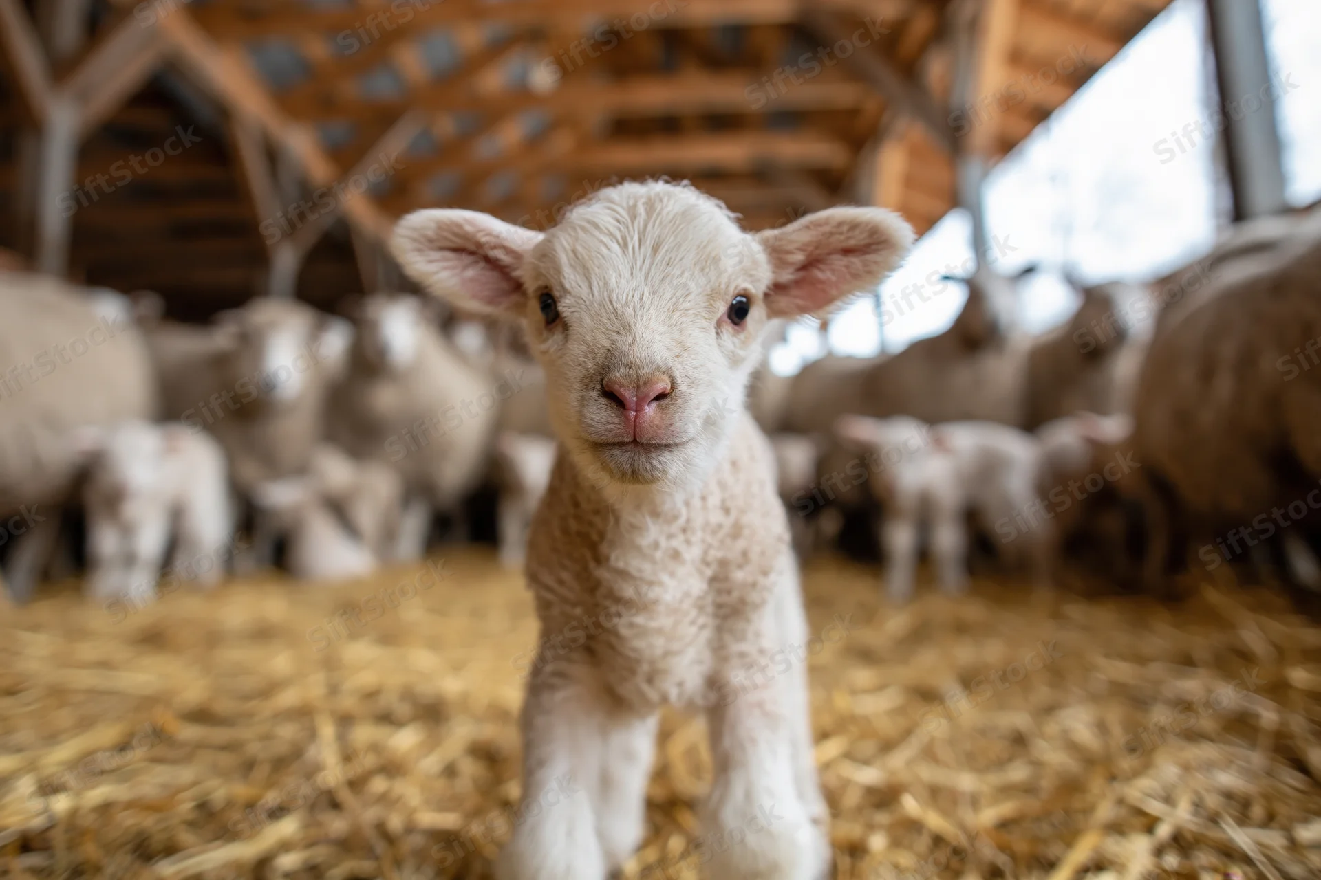 Newborn lamb standing on straw-covered floor in barn looking directly at camera with herd in background