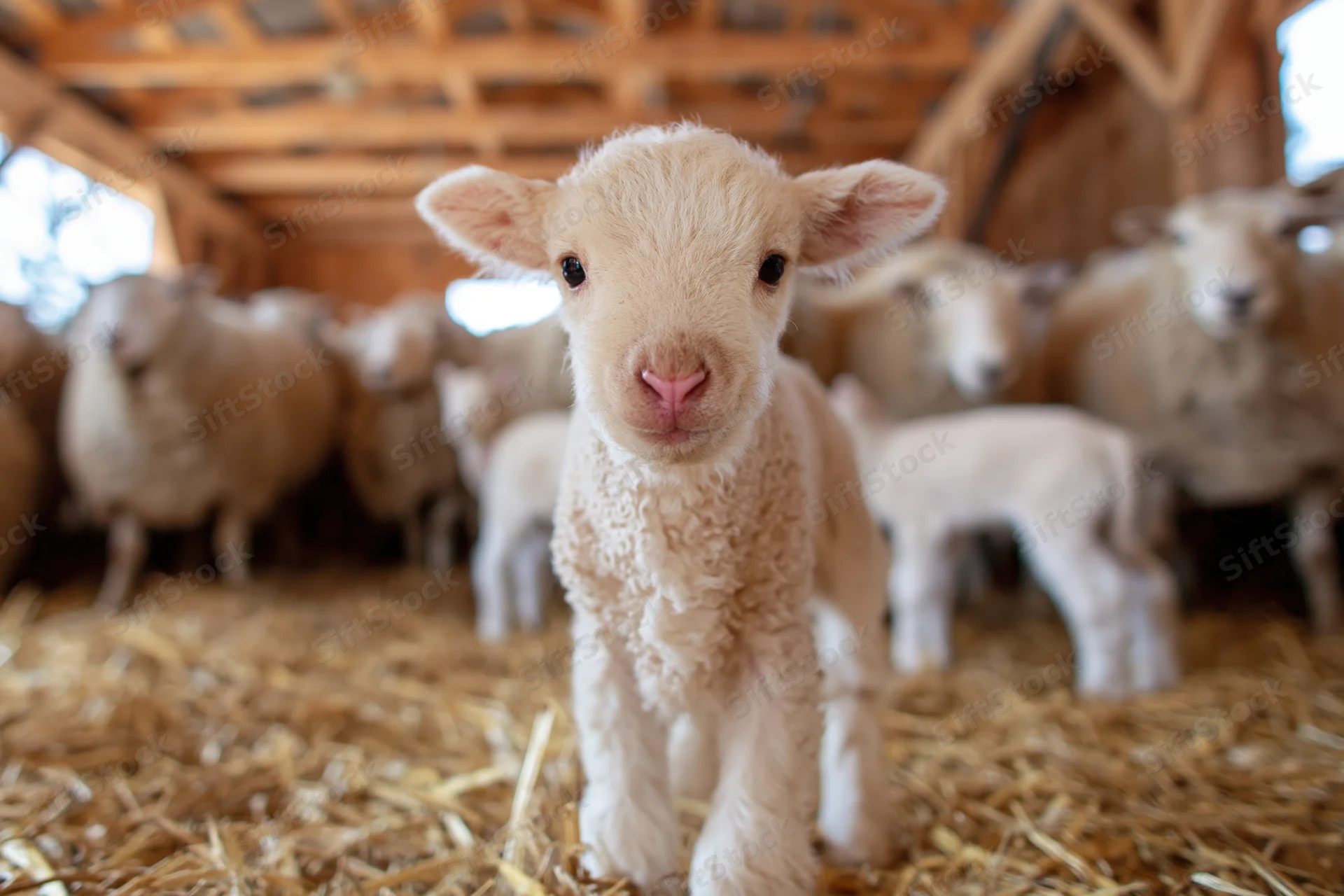 Newborn lamb standing on straw-covered floor looking directly at camera in barn with other sheep in background