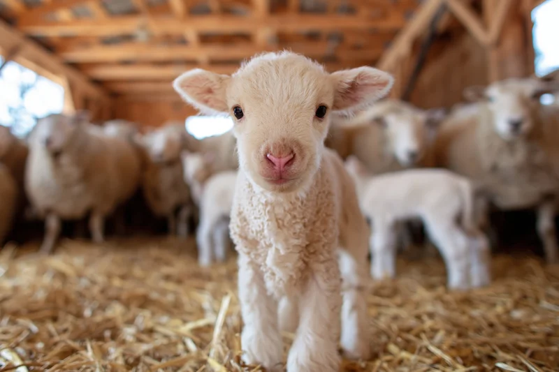 Newborn lamb standing on straw-covered floor looking directly at camera in barn with other sheep in background