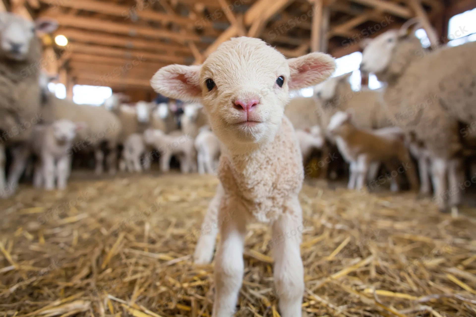Newborn lamb standing on straw-covered floor in barn looking directly at camera