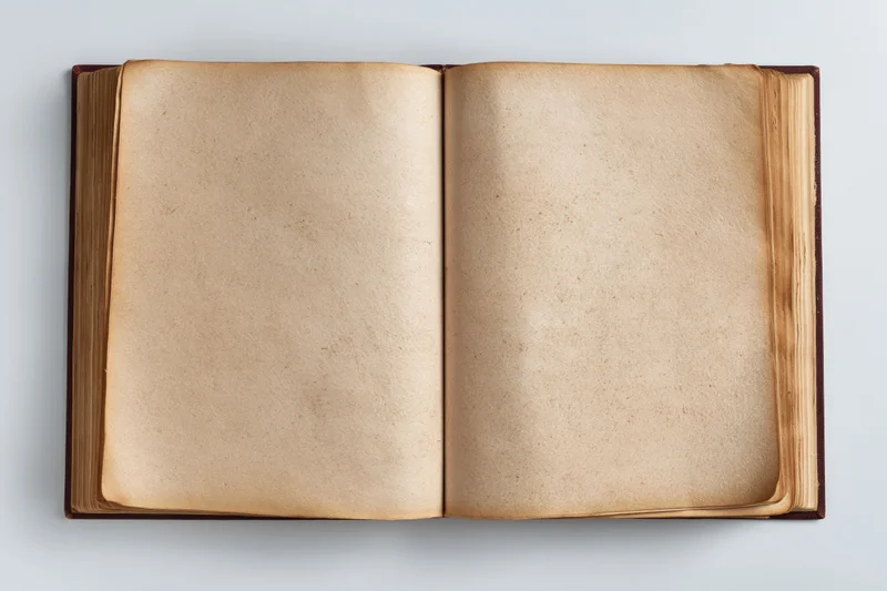 Open hardcover book with blank aged pages lying flat on white surface