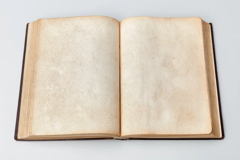 Open vintage hardcover book with blank aged pages on white background