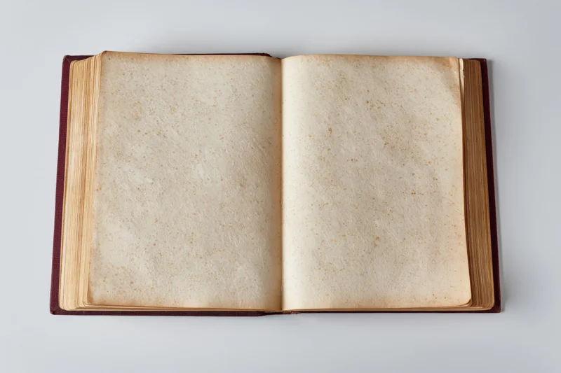 Open hardcover book with blank aged pages on white background