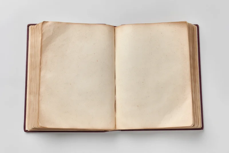 Open hardcover book with blank aged pages on white surface