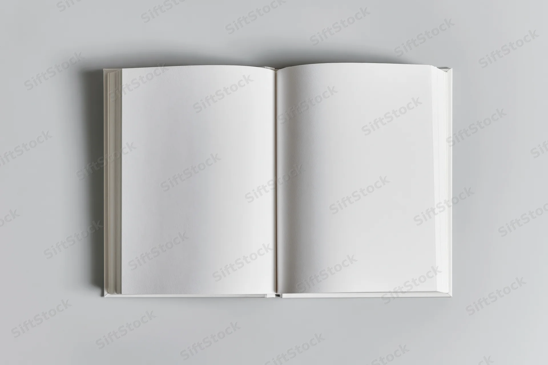 Open blank white paperback book lying flat on a gray surface