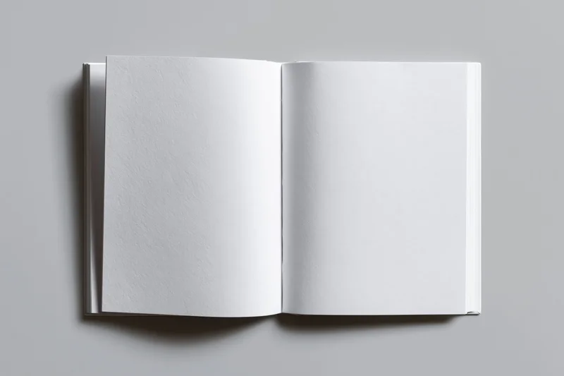 Open blank white paperback book lying flat on gray surface
