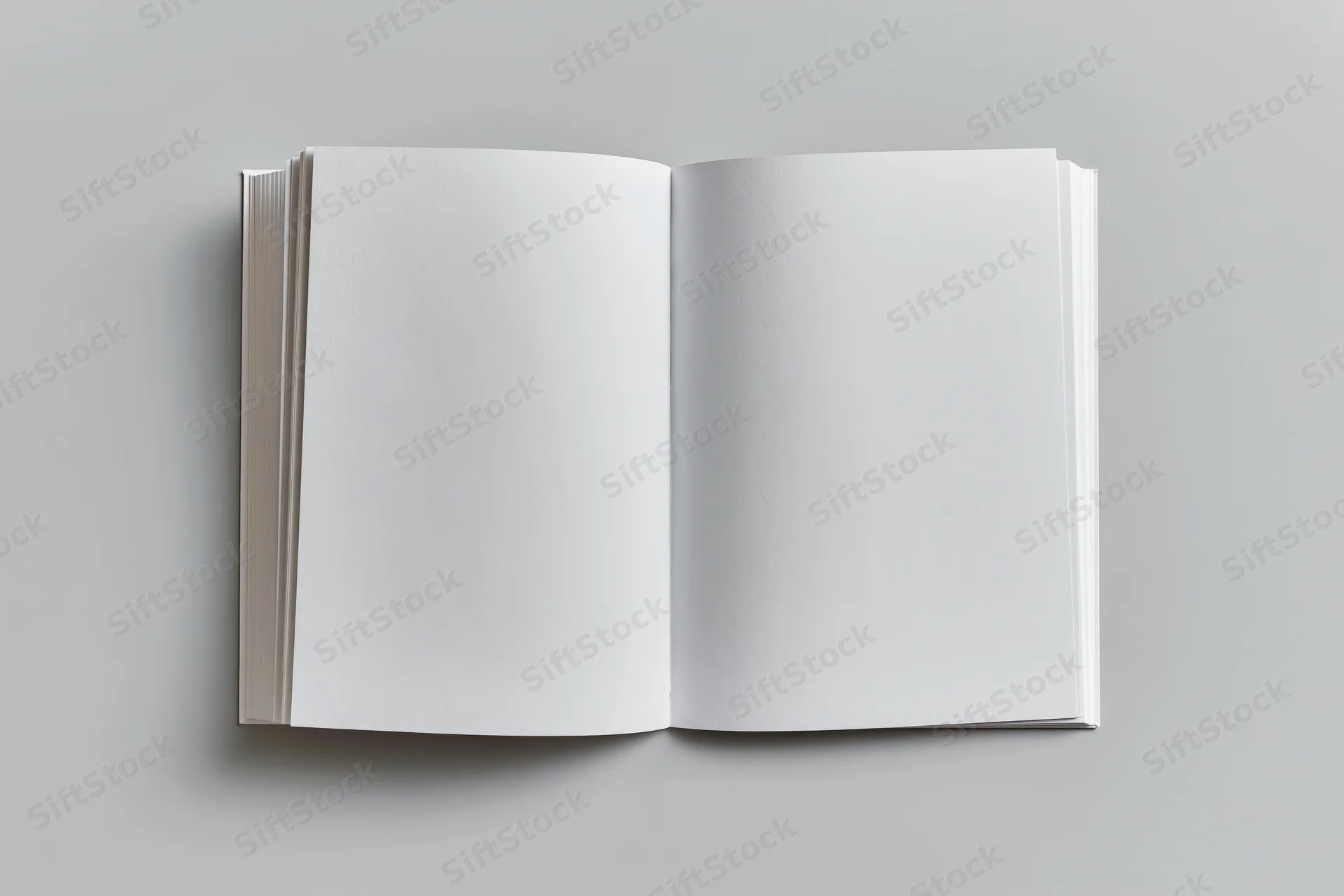 Open blank white paperback book lying flat on gray surface