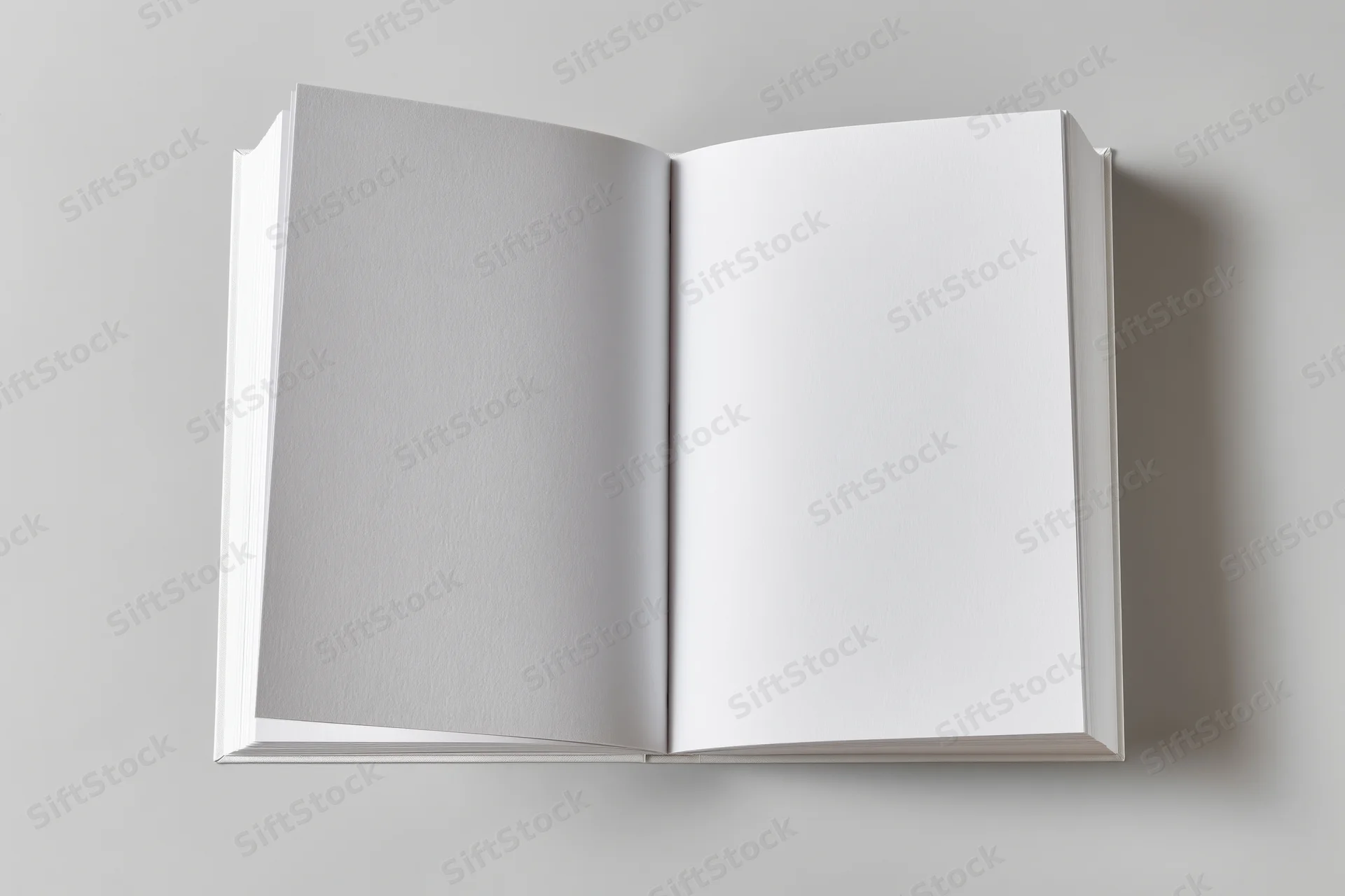 Open blank white paperback book lying flat on a gray surface