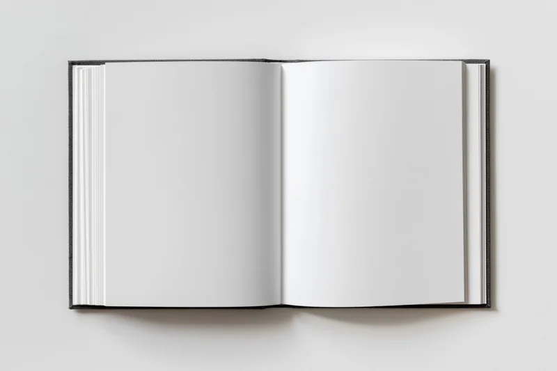 Open hardcover book with blank white pages lying flat on a neutral surface