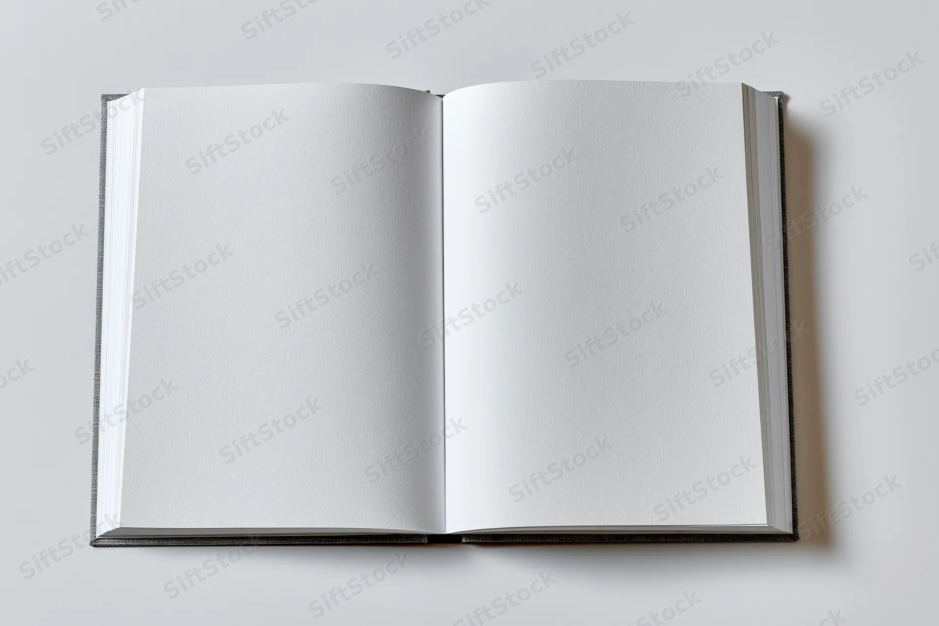 Open hardcover book lying flat with blank white pages on a neutral surface