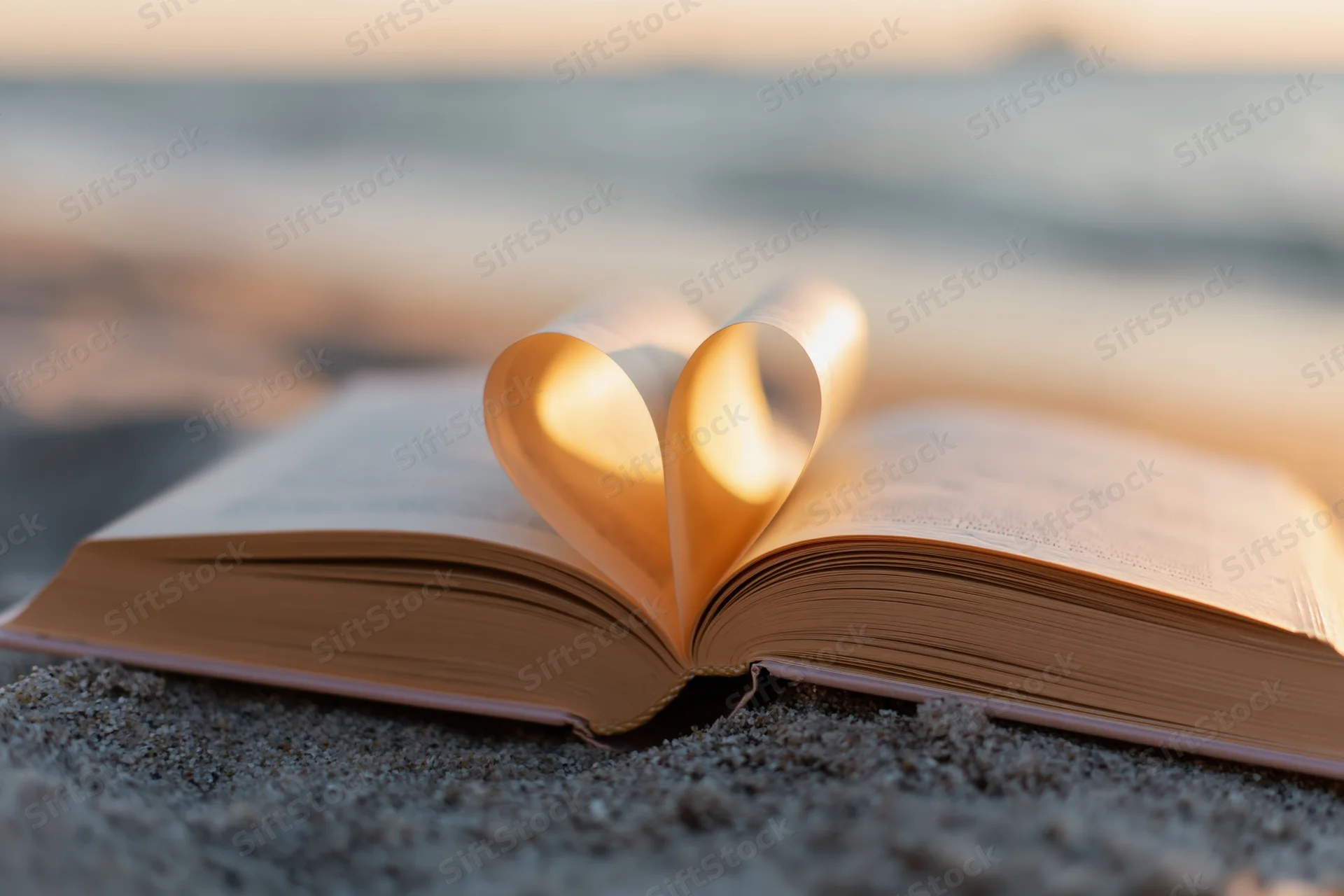 Open book with pages folded into heart shape resting on sandy beach at sunset