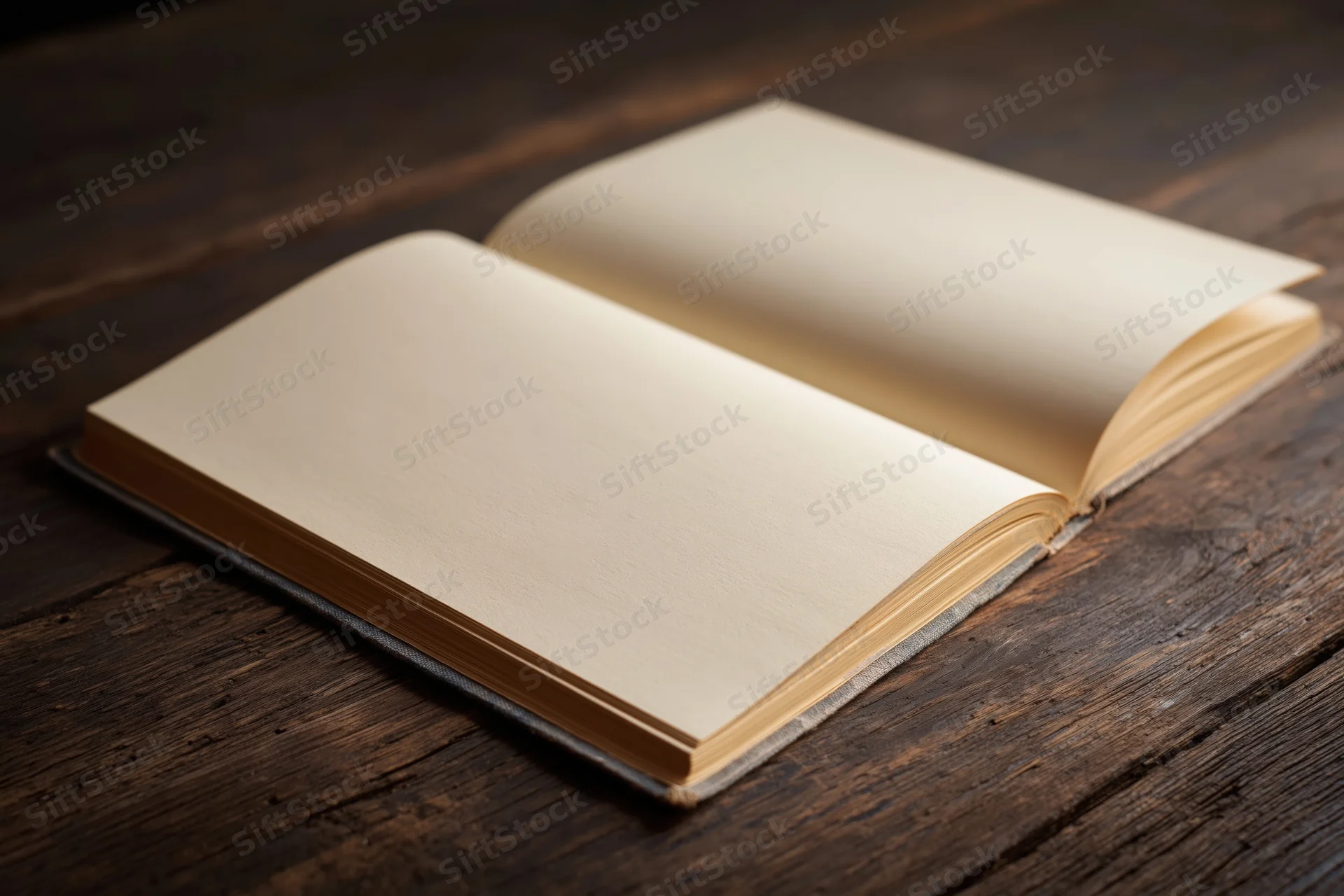 Open hardcover book with blank cream pages lying flat on dark wooden table