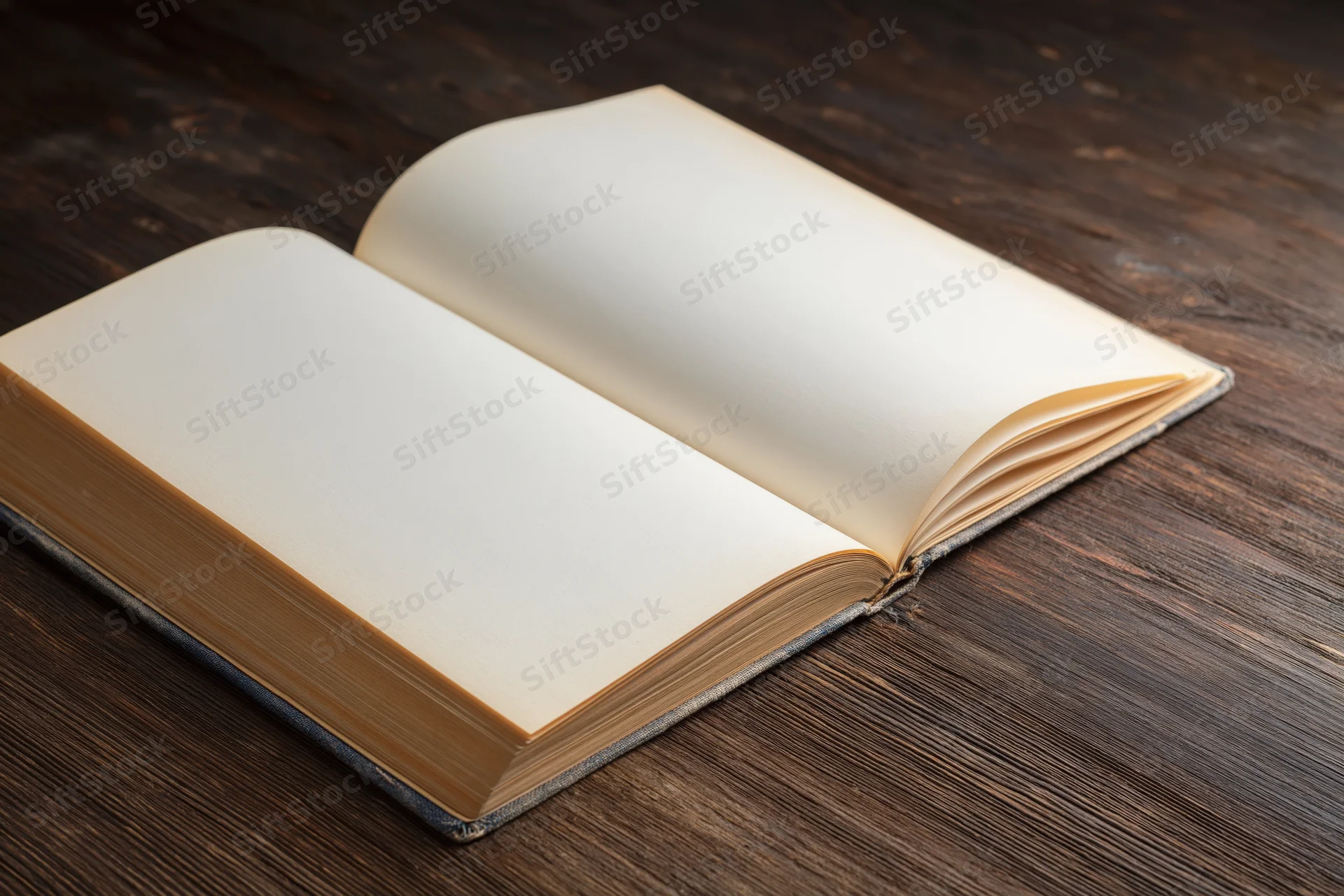 Open hardcover book with blank cream pages lying flat on dark wooden table