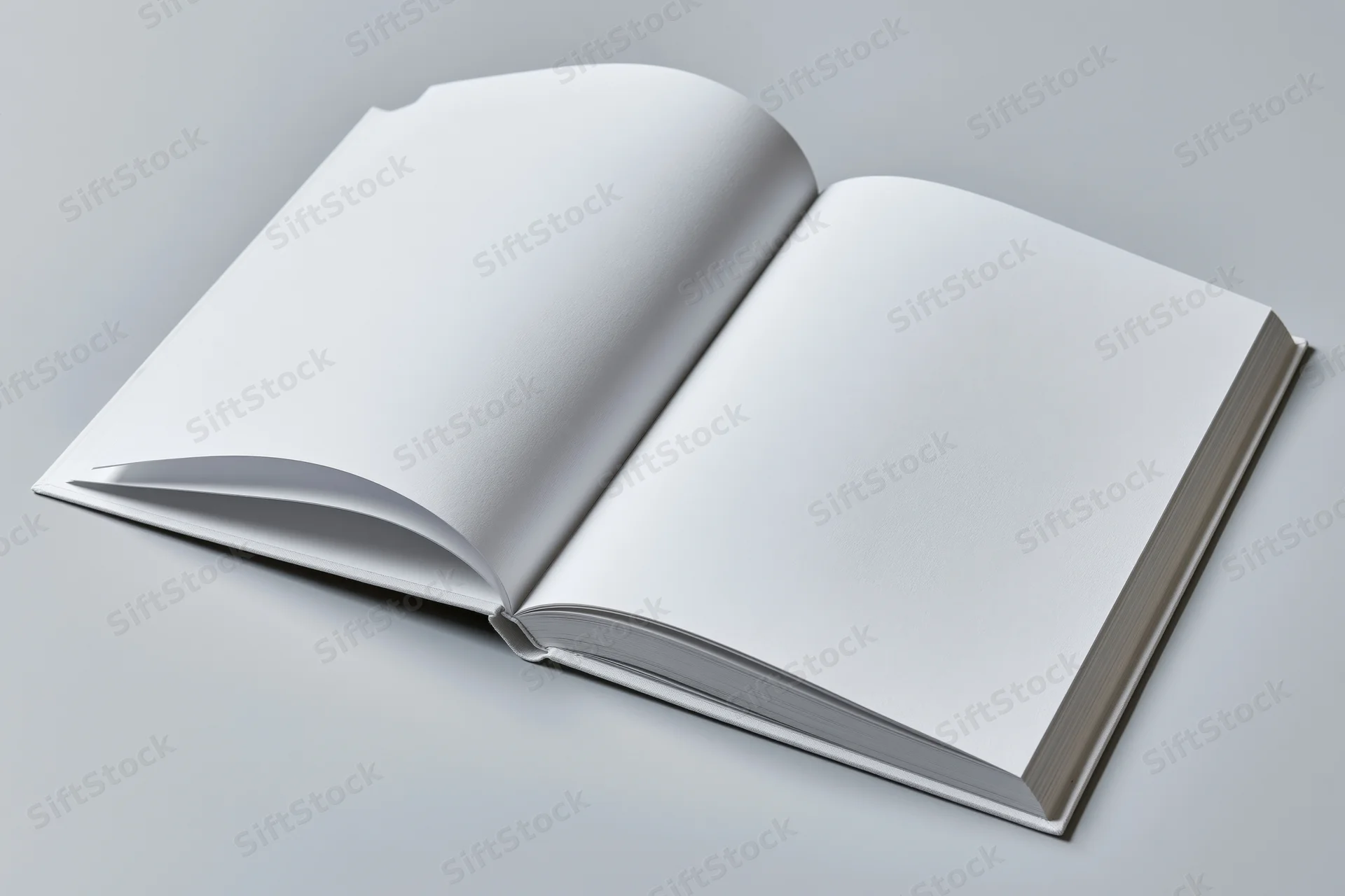Open hardcover book with blank white pages lying flat on a gray surface